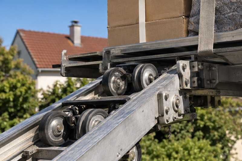 Rails du monte-meuble en gros plan : chantier Rue Aristide Briand
