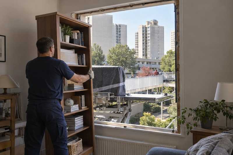 Bibliothèque entrant par une fenêtre déposée : chantier Rue d’Enfer