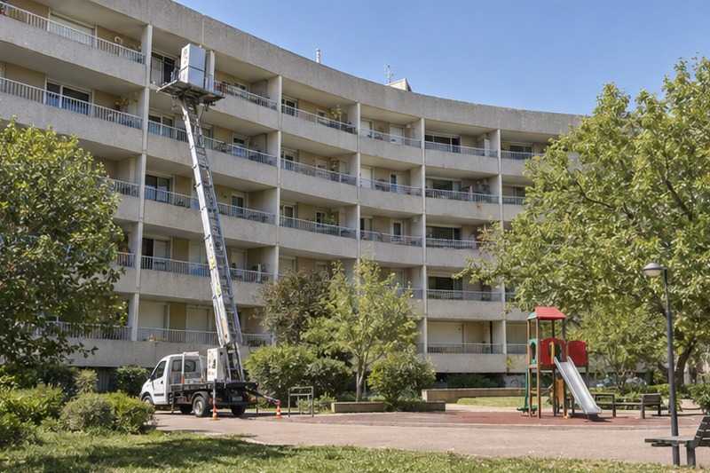 Réfrigérateur monté vers un balcon d’immeuble : chantier Rue du Coq