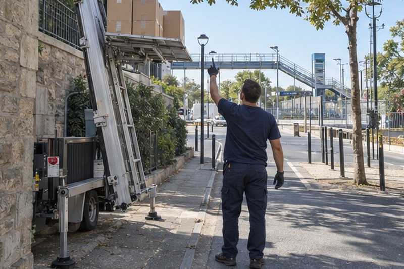 Signal entre déménageurs au monte-meuble, Étampes