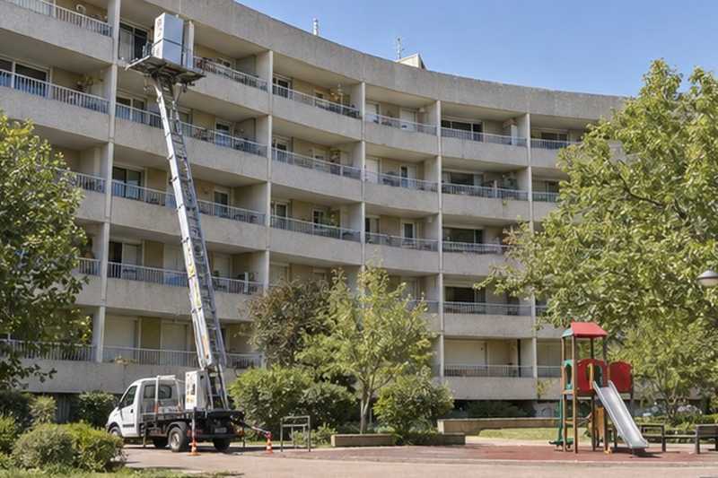 Réfrigérateur monté vers un balcon d’immeuble : chantier Rue André Marie Ampère