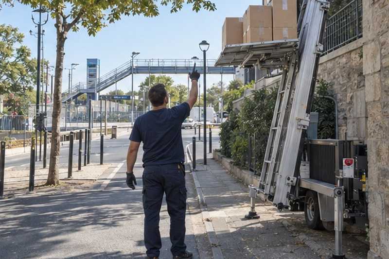 Signal entre déménageurs au monte-meuble : chantier Rue de la Pomme d’Or