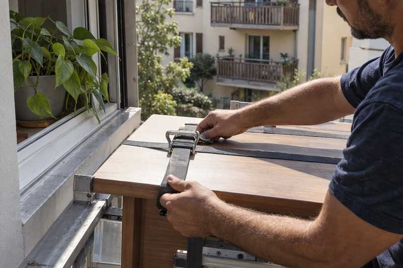 Sangle retirée d’un bureau à la fenêtre : chantier Rue Geoffroy Saint-Hilaire