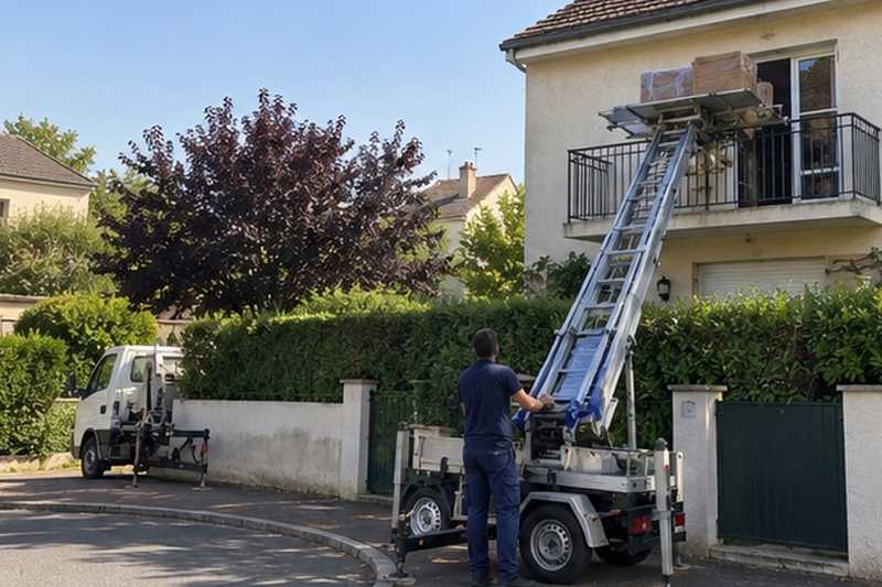 Monte-meuble par-dessus une haie : chantier Rue Rossini