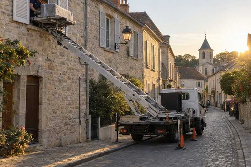Monte-meuble dans une rue de maisons anciennes, Grigny