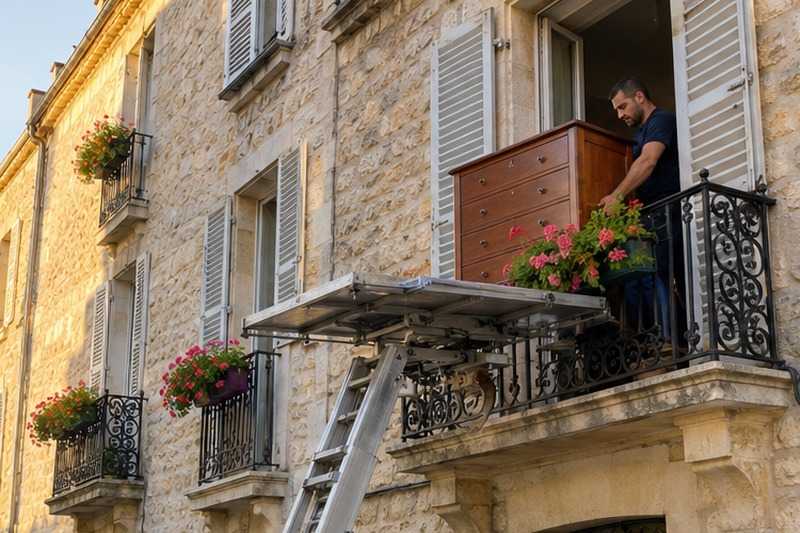 Buffet réceptionné sur un balcon étroit : chantier Rue Condorcet