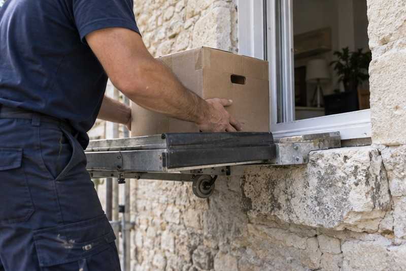 Carton glissé sur un appui en pierre : chantier Rue de la Ferme Neuve