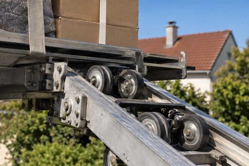 Rails du monte-meuble en gros plan : chantier Rue Aristide Briand