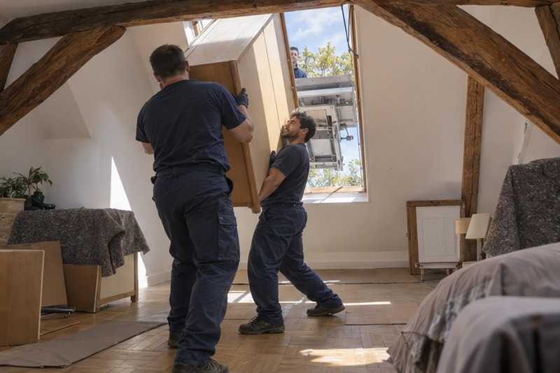 Panneau d’armoire par une fenêtre de toit : chantier Rue de l’Opéra