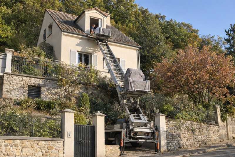 Fauteuil monté vers une lucarne : chantier Rue du Périgord