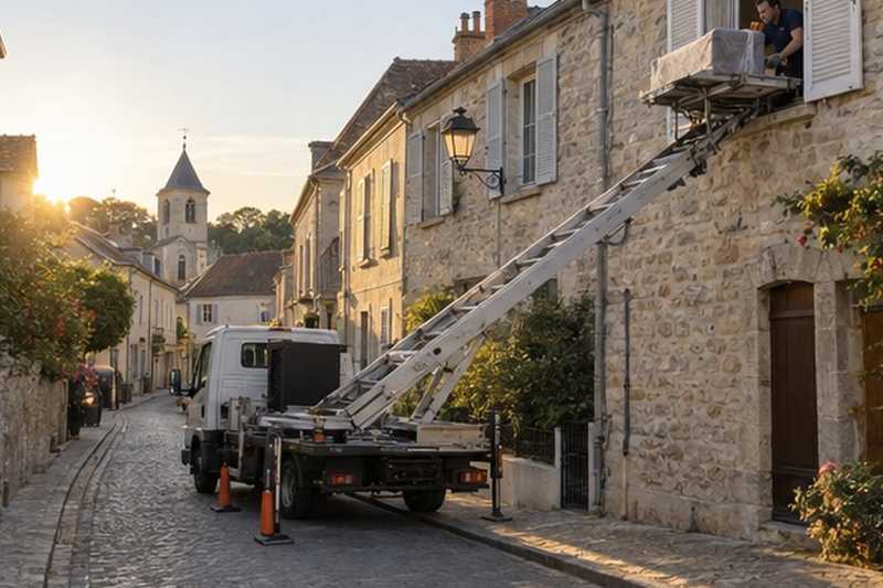 Monte-meuble dans une rue de maisons anciennes