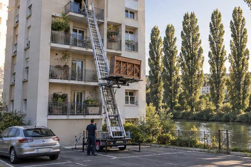 Monte-meuble au pied d’une résidence riveraine