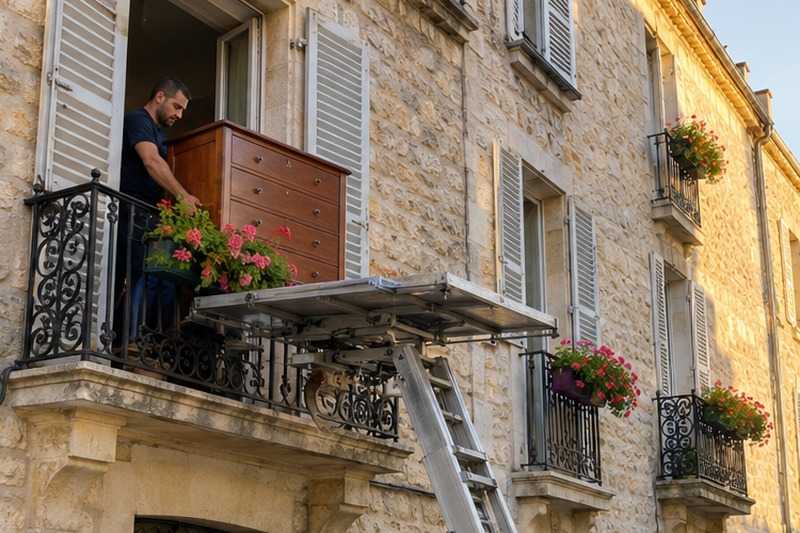 Buffet réceptionné sur un balcon étroit : chantier Rue des Fraisiers