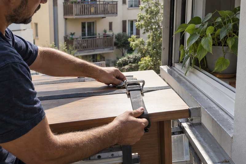 Sangle retirée d’un bureau à la fenêtre : chantier Rue du Lac