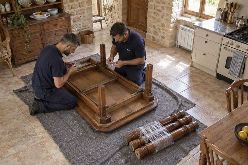 Table de ferme démontée pieds groupés : chantier Rue Bara