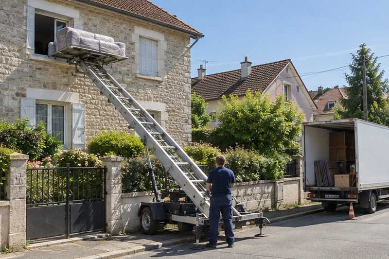 Canapé hissé le long d’une maison en meulière : chantier Rue Camille Flammarion