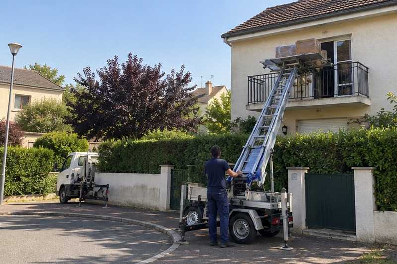Monte-meuble par-dessus une haie : chantier Rue de Strasbourg