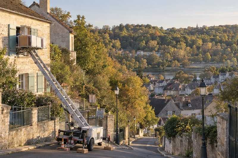 Monte-meuble calé dans une rue en pente : chantier Rue Alphonse Réault