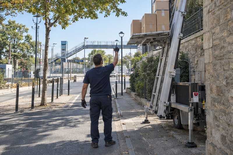 Signal entre déménageurs au monte-meuble : chantier Rue Anatole France