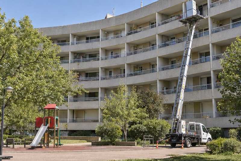 Réfrigérateur monté vers un balcon d’immeuble