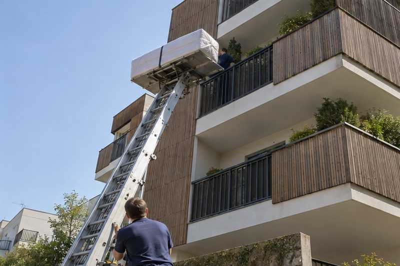 Matelas monté vers un balcon : chantier Rue Albert Marquet