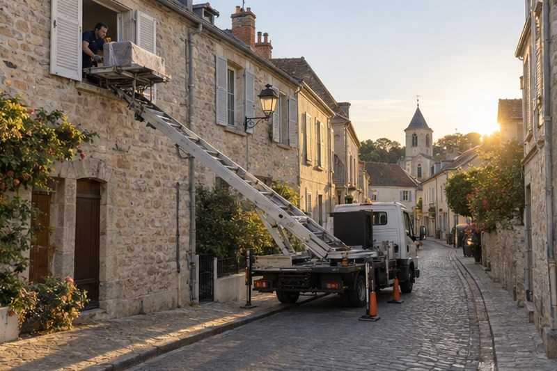 Monte-meuble dans une rue de maisons anciennes : chantier Rue Anatole France