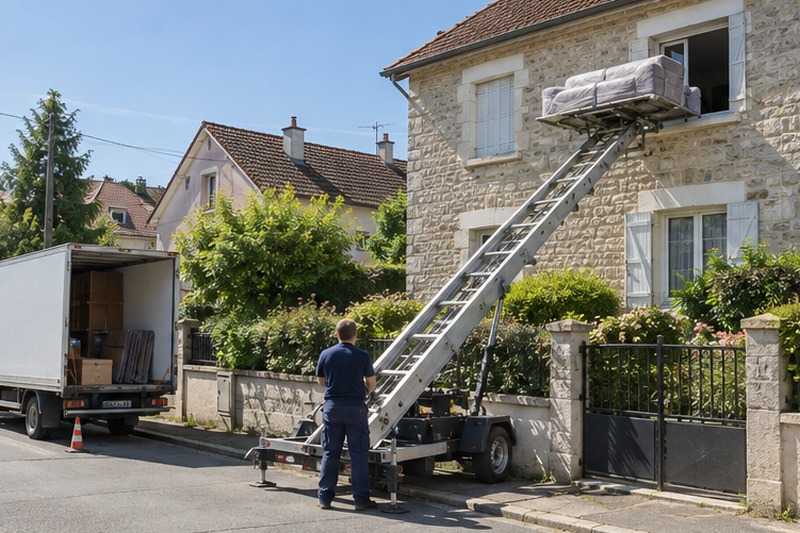 Canapé hissé le long d’une maison en meulière : chantier Rue de la Remise Neuve