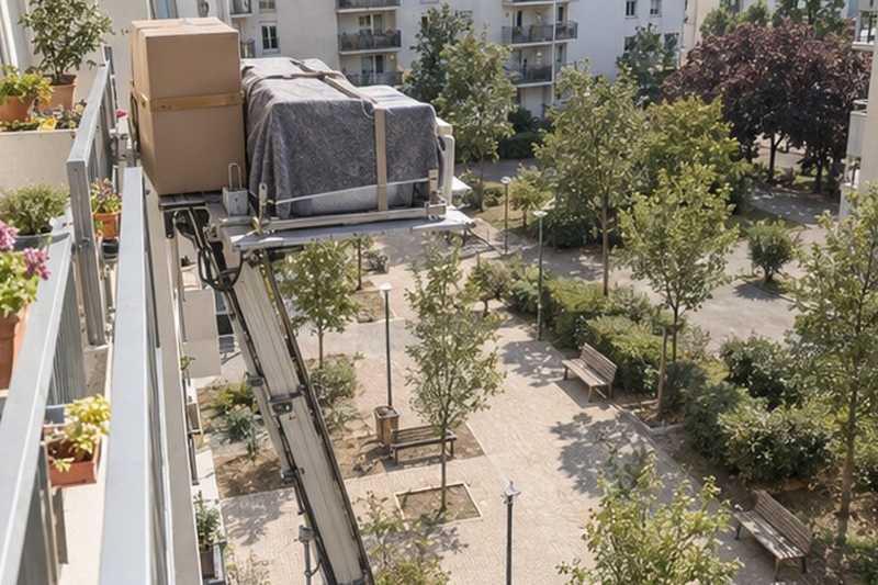 Plateforme montant le long des balcons : chantier Avenue de Juvisy Cottages