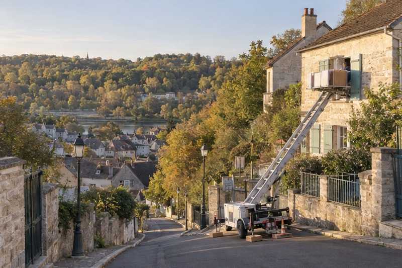 Monte-meuble calé dans une rue en pente : chantier Rue du Mail