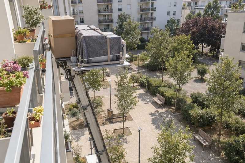 Plateforme montant le long des balcons : chantier Allée Sonia Delaunay
