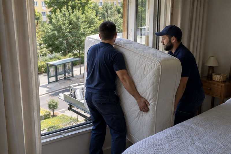 Matelas entré par une porte-fenêtre : chantier Rue Alexandre Dumas