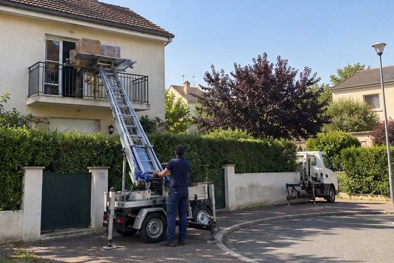 Monte-meuble par-dessus une haie : chantier Rue de la Fosse Montalbot