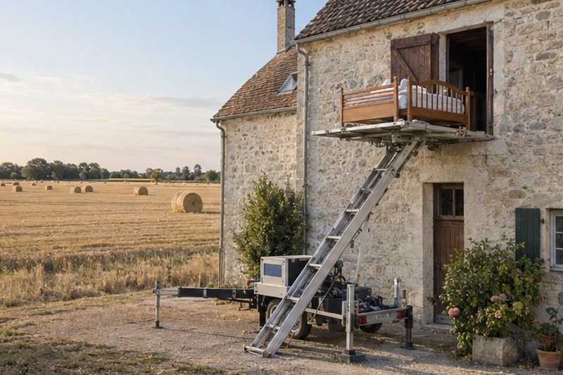 Lit monté dans une ferme en pierre : chantier Rue du Levant