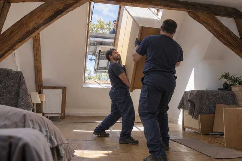 Panneau d’armoire par une fenêtre de toit : chantier Rue Gaston Grinbaum