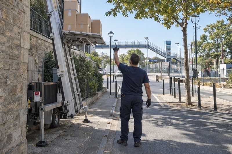 Signal entre déménageurs au monte-meuble : chantier Rue Caillet