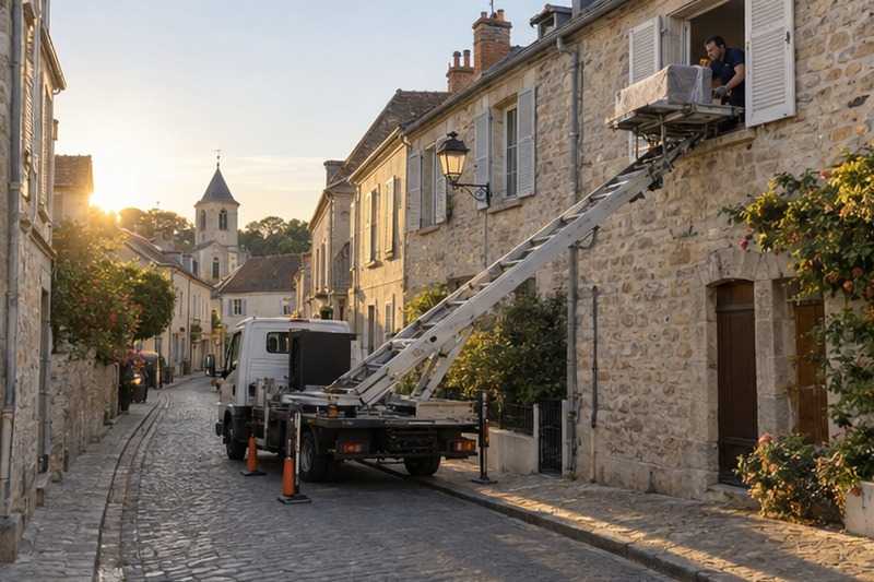 Monte-meuble dans une rue de maisons anciennes : chantier Rue du Coteau
