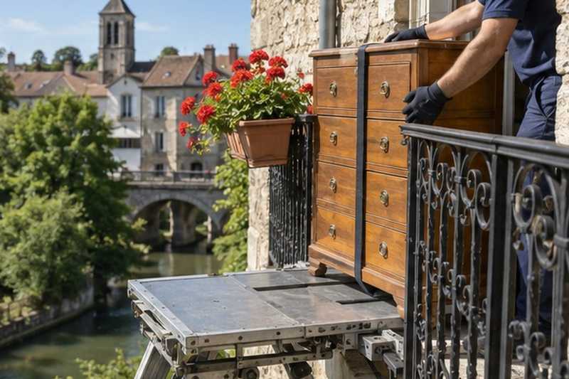 Commode tirée sur un balcon en fer forgé : chantier Rue Duparchy