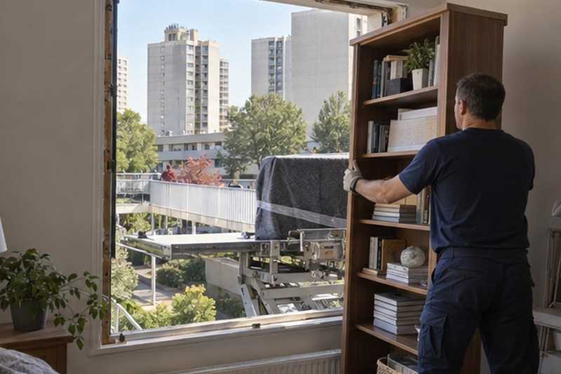 Bibliothèque entrant par une fenêtre déposée : chantier Allée Alphonse Daudet