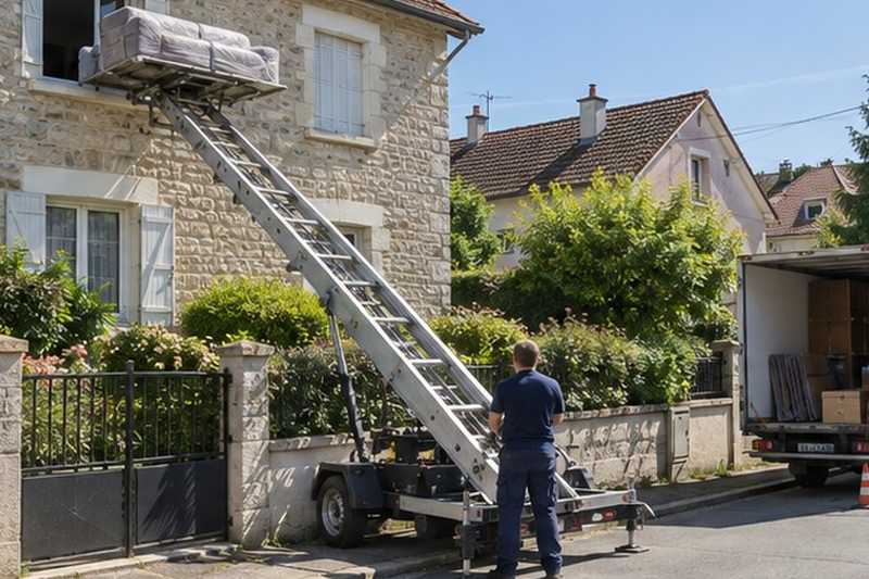 Canapé hissé le long d’une maison en meulière