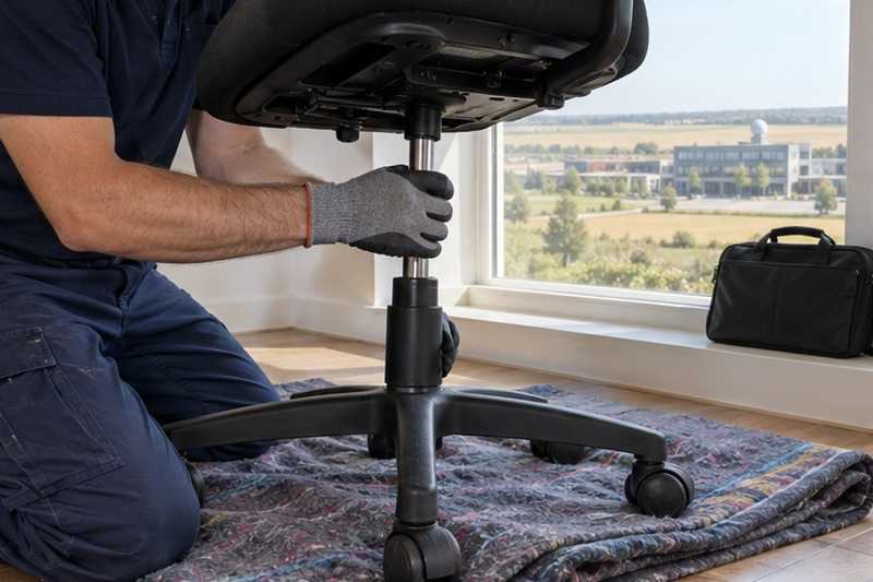 Fauteuil de bureau démonté au salon : chantier Rue Alfred de Vigny