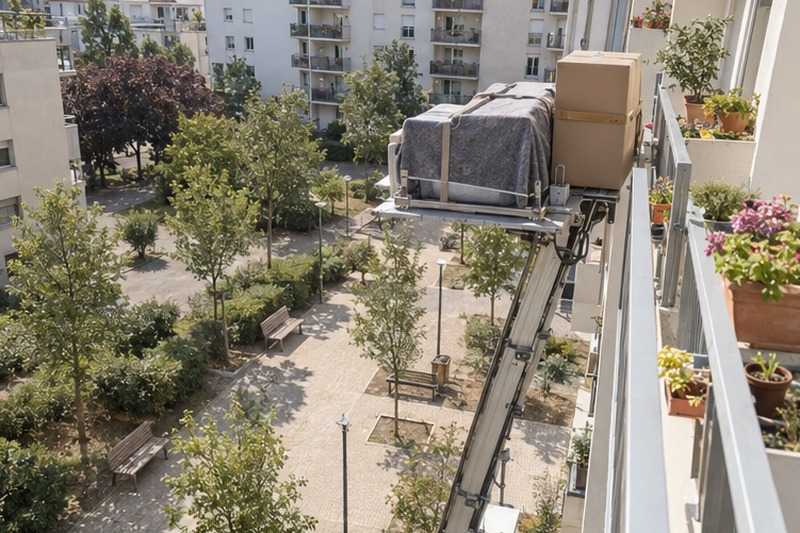 Plateforme montant le long des balcons : chantier Rue Anatole France
