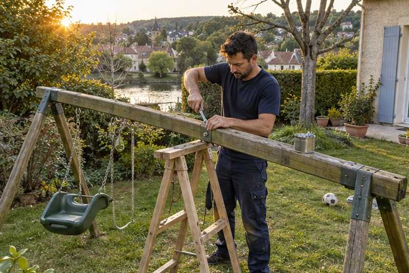 Portique de jardin démonté sur la pelouse : chantier Rue Paul