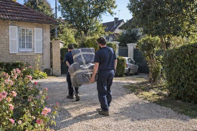 Fauteuil porté dans une allée gravillonnée : chantier Rue Alexandre Néreau