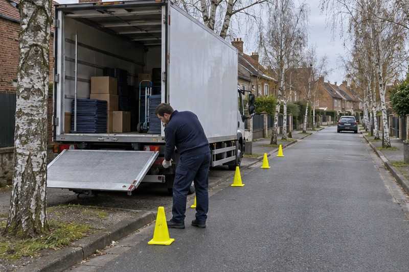 Côté chargement protégé par des cônes : chantier Rue Claude Hanriot